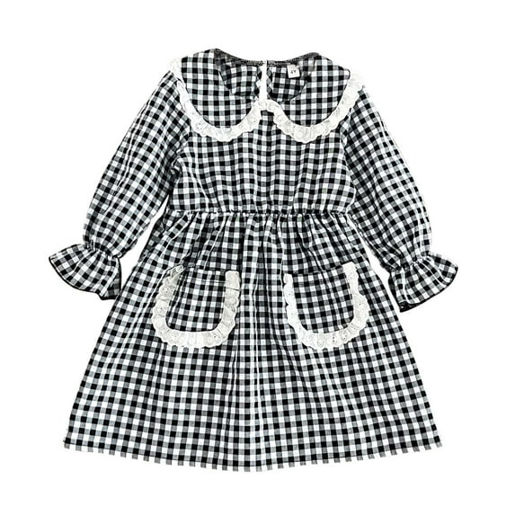 SERTG Girls Dress Spring Fall Long Sleeve Checkered Lace Collar and Cuffs Dress with Pockets Kids Fashion Casual Soft Knit Party Skirts(Black,7-8 Years)