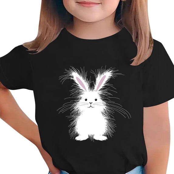SERTG Girls Easter Bunny Print Short Sleeve T Shirt Soft Breathable Crew Neck Tee Casual Regular Fit Lightweight Comfortable Fashion Top Cute Easter Holiday T Shirt(Black,12-13Years)