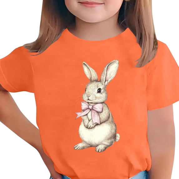 SERTG Girls Easter Bunny Print Short Sleeve T Shirt Soft Breathable Crew Neck Tee Casual Regular Fit Lightweight Comfortable Fashion Top Cute Easter Holiday T Shirt(Orange,10-11 Years)