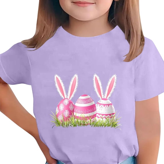 SERTG Girls Easter Bunny Print Short Sleeve T Shirt Soft Breathable Crew Neck Tee Casual Regular Fit Lightweight Comfortable Fashion Top Cute Easter Holiday T Shirt(Purple,14-15Years)