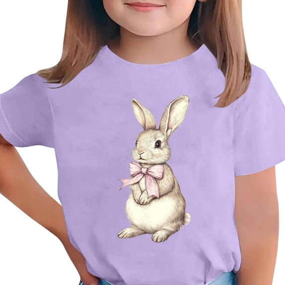 SERTG Girls Easter Bunny Print Short Sleeve T Shirt Soft Breathable Crew Neck Tee Casual Regular Fit Lightweight Comfortable Fashion Top Cute Easter Holiday T Shirt(Purple,12-13 Years)