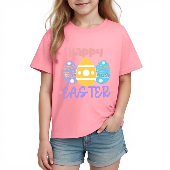SERTG Girls Easter Floral Bunny Print Short Sleeve T Shirt Soft Lightweight Crew Neck Tee Casual Regular Fit Breathable Comfortable Spring Top Fashion Holiday T Shirt(Pink#1,3-4 Years)