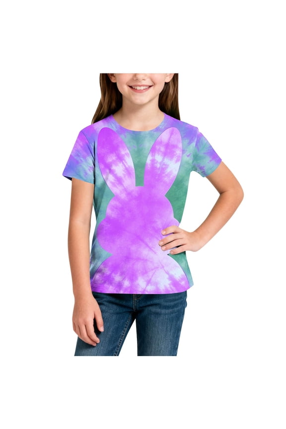 Girls Easter Tie Dye Bunny Print Short Sleeve T Shirt Soft Lightweight Crew Neck Tee Casual Fit Breathable T Shirt(Army Green,3-4 Years)