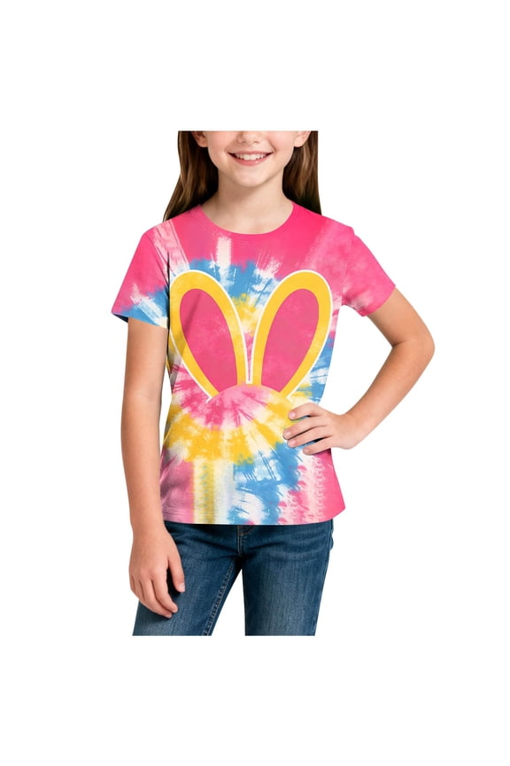 Girls Easter Tie Dye Bunny Print Short Sleeve T Shirt Soft Lightweight Crew Neck Tee Casual Fit Breathable T Shirt(Pink,3-4 Years)