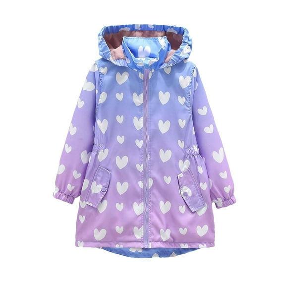 SERTG Girls Fall Winter Hooded Longline Coat with Stand Collar and Pockets Playful Print Wind Thermal Lined Outerwear Top for Children 4-12 Years(Purple,12 Years)