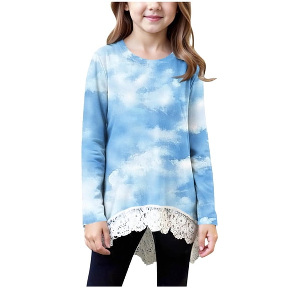 SERTG Girls Fashion Casual Long Sleeve Shirt with Lace Kids Round Neck Spring Fall Everyday Sports Top Blouse for Children(Blue,10-11 Years)