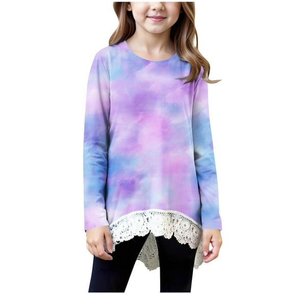 SERTG Girls Fashion Casual Long Sleeve Shirt with Lace Kids Round Neck Spring Fall Everyday Sports Top Blouse for Children(Purple,4-5 Years)