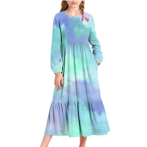 SERTG Girls Fashion Print Long Sleeve Round Neck Dress with Pockets Kids Gradient Color Spring Summer Casual Everyday Outfit Skirts(Mint Green,6-7 Years)