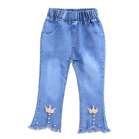 SERTG Girls Fashion Print Slim Jeans Elastic Waist Casual Kids Spring Summer Full Length Pants Jeans Everyday Trousers(Light Blue#2,4-5 Years)