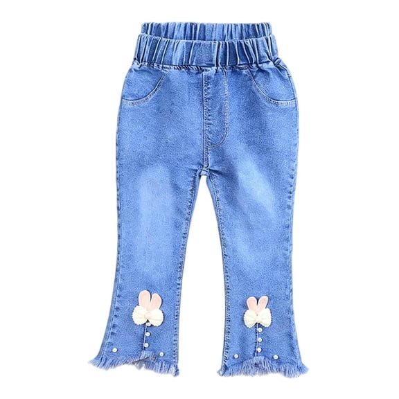 SERTG Girls Fashion Print Slim Jeans Elastic Waist Casual Kids Spring Summer Full Length Pants Jeans Everyday Trousers(Light Blue#4,5-6 Years)