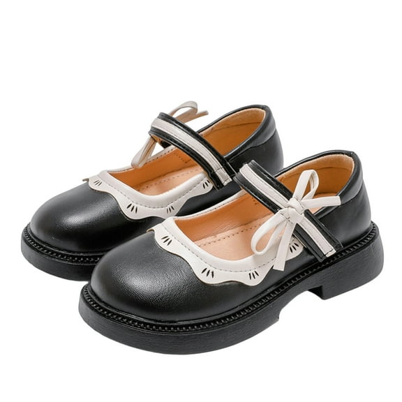 SERTG Girls Formal Performance Shoes with Bow and Non-Slip Sole Soft Leather Footwear for Special Events and Dress Up Play Comfortable Dress Shoes for Parties and Recitals(Black,10-10.5 Years)