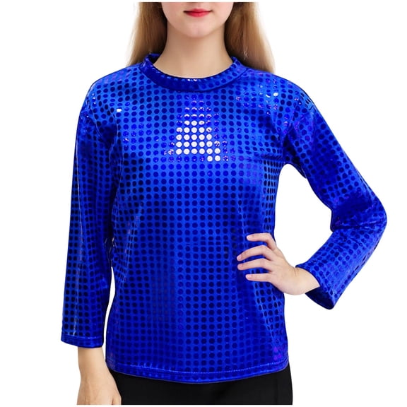 SERTG Girls Glitter Party Top Long Sleeve Round Neck Performance Outfit Shiny Stage Shirt for Kids(Blue#1,3-4 Years)