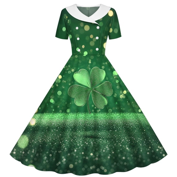 SERTG Girls Holiday Celebration Dress St Patricks Print Short Sleeve A-Line Skater School Recital Twirl Comfort Fit Stretch Party Dress(Navy,5-6 Years)