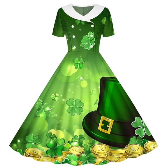 SERTG Girls Holiday Celebration Dress St Patricks Print Short Sleeve A-Line Skater School Recital Twirl Comfort Fit Stretch Party Dress(Orange,13-14 Years)