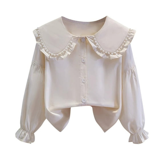 SERTG Girls Lace Detail Blouse Long Short Sleeve Spring Summer Fall Solid Color Shirt for Children 3-14 Years(Beige,7 Years)
