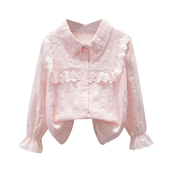 SERTG Girls Lace Detail Blouse Long Short Sleeve Spring Summer Fall Solid Color Shirt for Children 3-14 Years(Pink,7 Years)