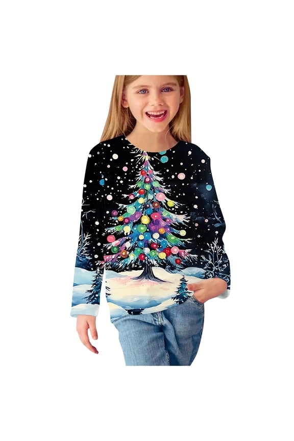 Girls Long Sleeve Prints Shirts Christmas Crewnecks Dressy Casual Blouses Clothes(Multicolor,9-10 Years)