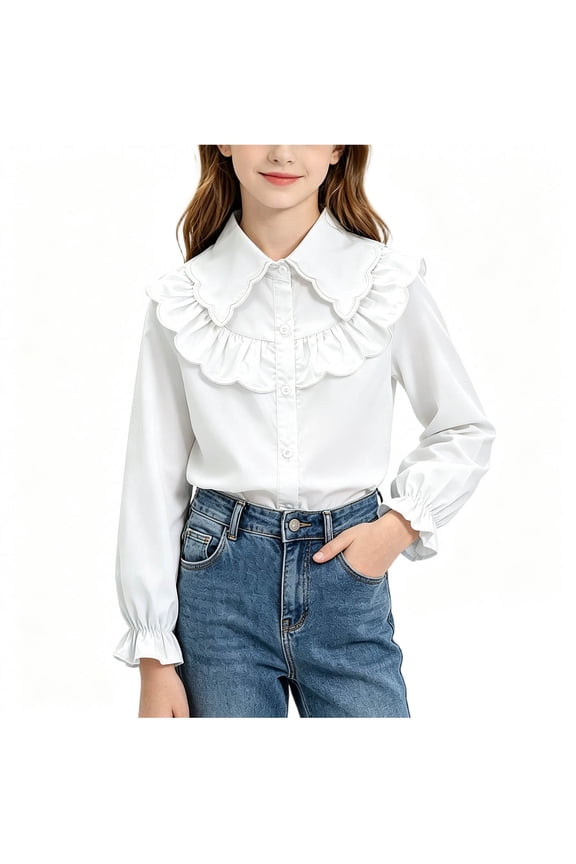 Girls Long Sleeve Ruffle Collar Shirt Scalloped Collar Button Blouse Layered Ruffle Bib Puff Cuffs Toddler Kids School Daily Party Wear Blouses Tops