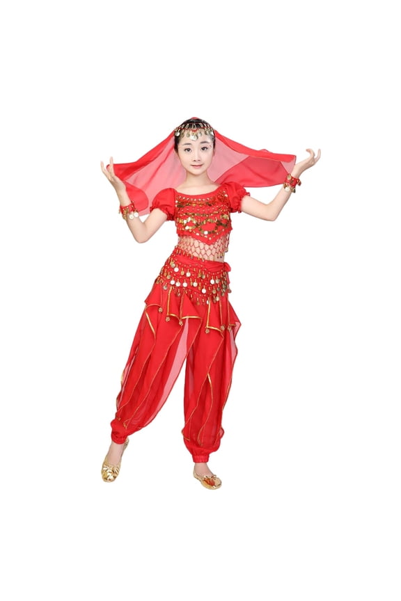 Girls Long Sleeve Sequin Top and Cuffed Pants Set Elastic Waist with Accessories Fall Winter Dance Performance Outfit(Red#2,9-11 Years)