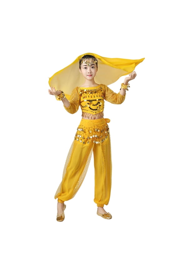 Girls Long Sleeve Sequin Top and Cuffed Pants Set Elastic Waist with Accessories Fall Winter Dance Performance Outfit(Yellow#1,9-11 Years)