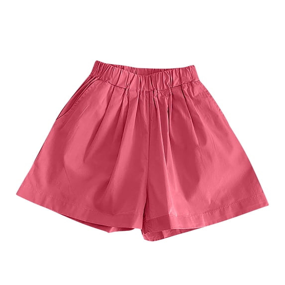 SERTG Girls Loose Cotton Shorts Elastic Waist Wide Leg Shorts Kids Summer Casual Solid Color Fit Summer Play Comfort Fit Everyday Bottoms(Watermelon Red,6 Years)