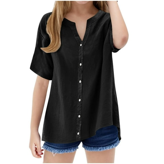 SERTG Girls Loose Solid Color V-Neck Cardigan Short Sleeve Button Front Casual T-Shirt Children Spring Summer Comfortable Top for Kids(Black,5 Years)