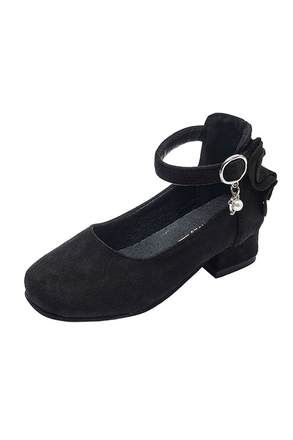 Girls Mary Jane Heels Kids Princess Dress Shoes Pearl Back Ruffle Hook and Loop Ankle Strap Round Toe Low Block Heel Party Performance Daily Wear Flats(4-4.5 Years)