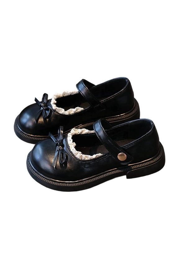 Girls Mary Jane Shoes Kids Dress Shoes Bow Lace Trim Snap Button Strap Round Toe Soft Non Slip Sole School Uniform Party Daily Wear Flats(10-10.5 Years)