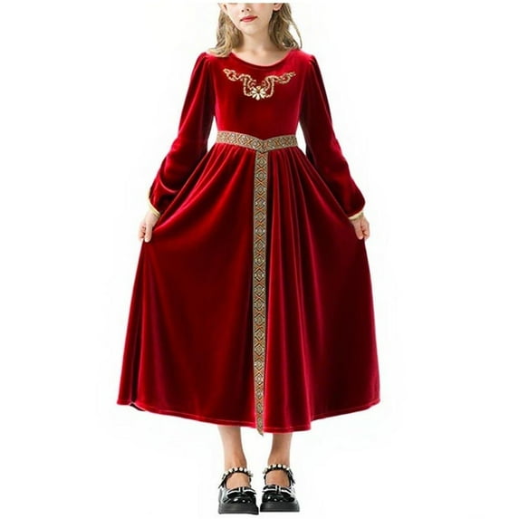 SERTG Girls Medieval Court Halloween Garb 2-Piece Long Sleeve Dress with Sash Pretend Play Regal Outfit for Kids 5-12 Years(Red,5 Years)