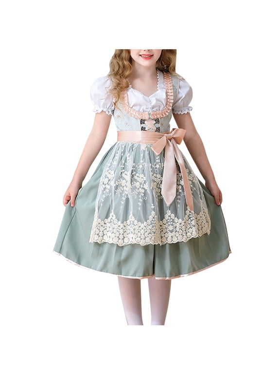 Girls Oktoberfest Dress Set 3-Piece Lace-Like Trimming Blouse + Tiered Skirt and Apron Cottagecore Floral Doll-Style Festive Skirt Outfit for Kids 4-12 Years(Green,4 Years)