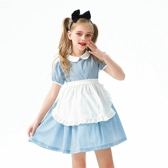 SERTG Girls Oktoberfest Maid-Style Set 3-Piece Cottagecore Print Dress Head Scarf and Apron Cultural Theme Dress-Up Skirt Outfit for Kids 5-12 Years(Z01#Blue,9-10 Years)