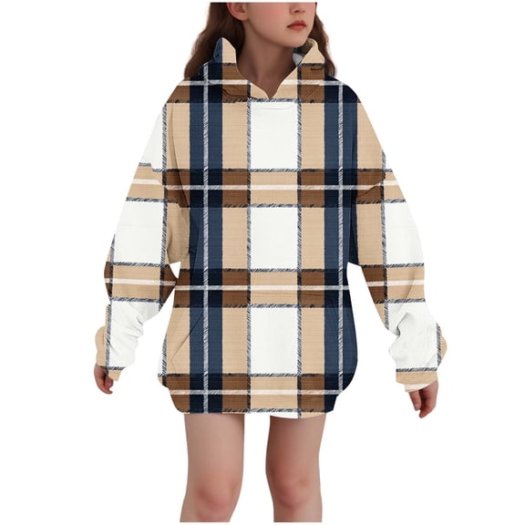 SERTG Girls' Plaid Casual Printed Hooded Tops Long Sleeved Sweatshirt with Pockets Fleece Top Hooded Sweatshirt for Kids 3-14 Years(Khaki,7-8 Years)