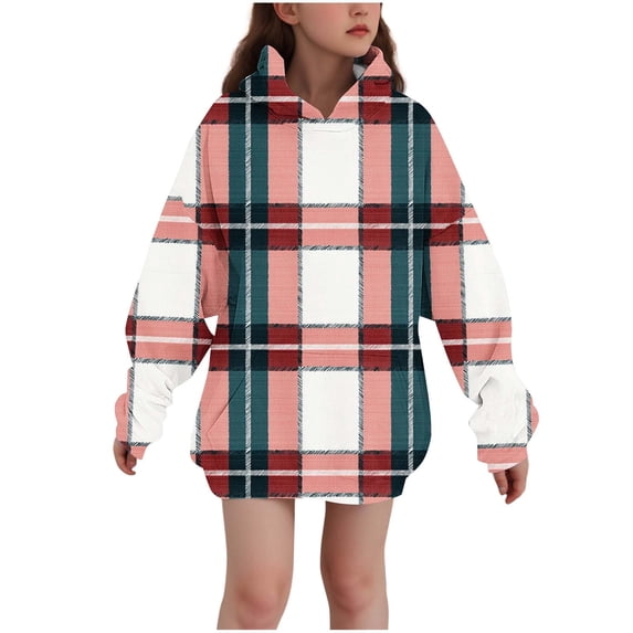 SERTG Girls' Plaid Casual Printed Hooded Tops Long Sleeved Sweatshirt with Pockets Fleece Top Hooded Sweatshirt for Kids 3-14 Years(Pink,7-8 Years)
