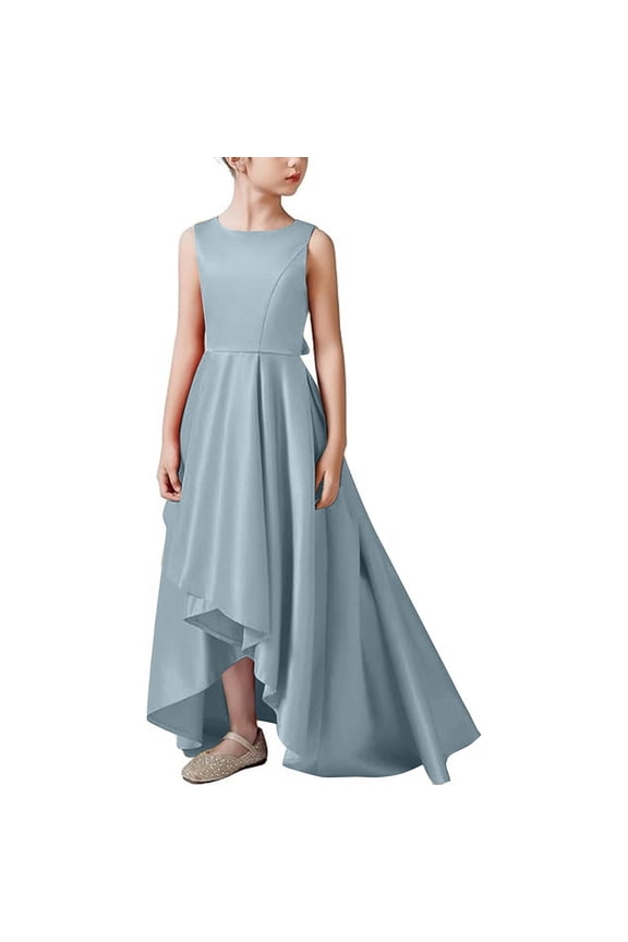 Girls Princess Dress Solid Color Round Neck Sleeveless Slim Fit Floor-Length Kids Formal Gown Party Skirts(Blue,11-12 Years)