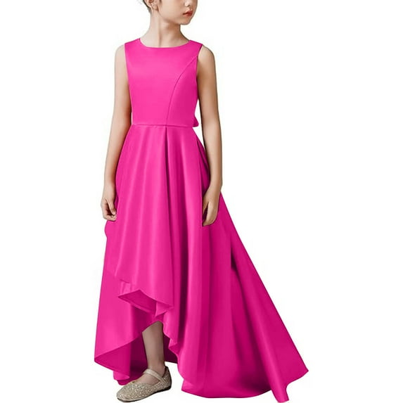 SERTG Girls Princess Dress Solid Color Round Neck Sleeveless Slim Fit Floor-Length Kids Formal Gown Party Skirts(Hot Pink,12-13 Years)