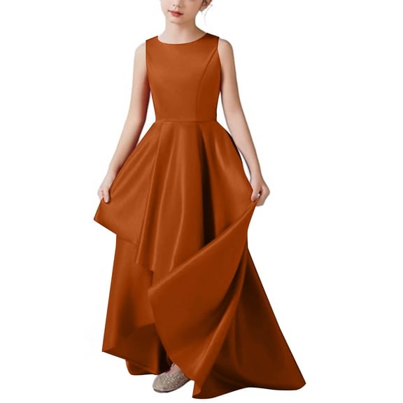 SERTG Girls Princess Dress Solid Color Round Neck Sleeveless Slim Fit Floor-Length Kids Formal Gown Party Skirts(Orange,9-10 Years)