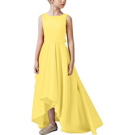 SERTG Girls Princess Dress Solid Color Round Neck Sleeveless Slim Fit Floor-Length Kids Formal Gown Party Skirts(Yellow,9-10 Years)
