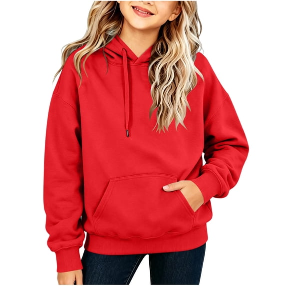 SERTG Girls Pullover Hoodie Drawstring Pocket Solid Color Long Sleeve Loose Fit Kids Casual School Daily Outdoor Wear Hooded Sweatshirt