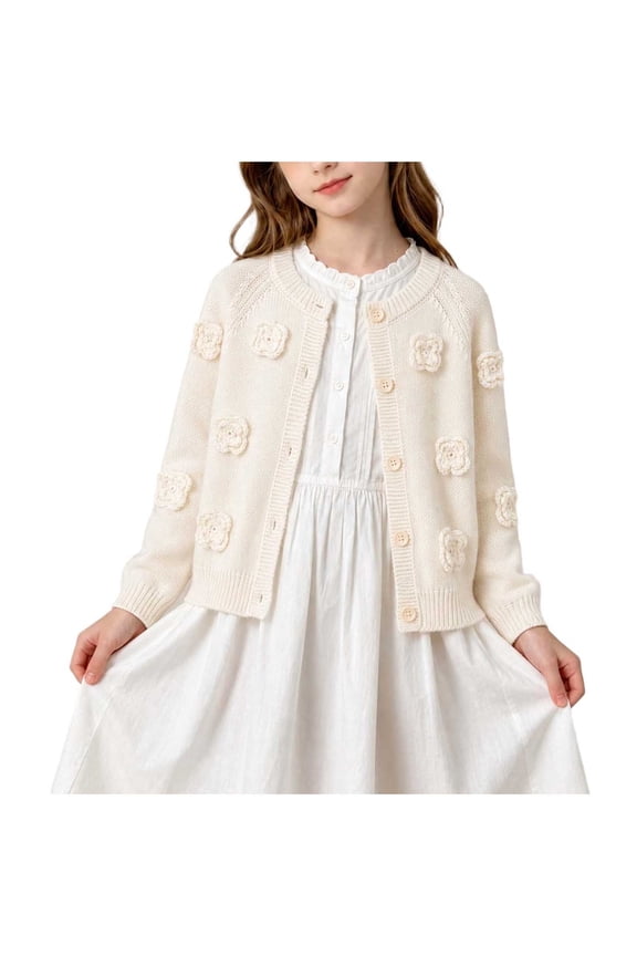 Girls Raglan Sleeve 3D Crochet Flower Applique Round Neck Multi Button Hollow Knit Cardigan 100% Cotton Breathable Casual Long Sleeve Spring Fall Layering Outerwear Tops