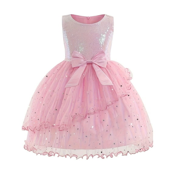 SERTG Girls' Sequin Formal Tank Dress with Layered Bow and Sheer Detail Sleeveless Playful Skirt Outfit for Children 3-10 Years(Pink,4 Years)