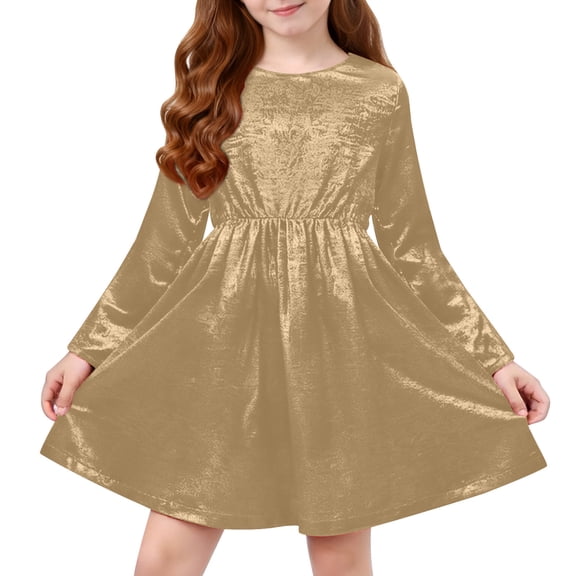 SERTG Girls Shiny Ruffled Long Sleeve Party Dress Glitter Pageant Gown Kids Spring Fall Princess Evening Wear Skirts(Khaki,9 Years)