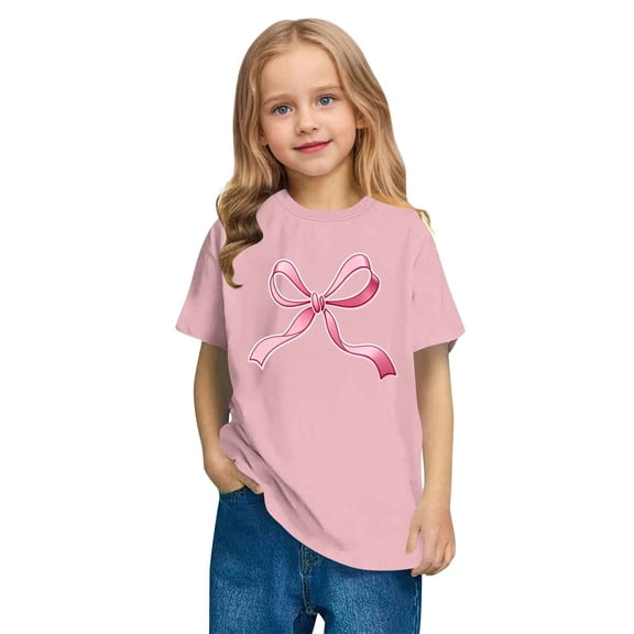 SERTG Girls Short Sleeve Tops Cute Bow Print Casual Summer Round Neck Blouse Kids Everyday Wear T-Shirt(Pink,9 Years)