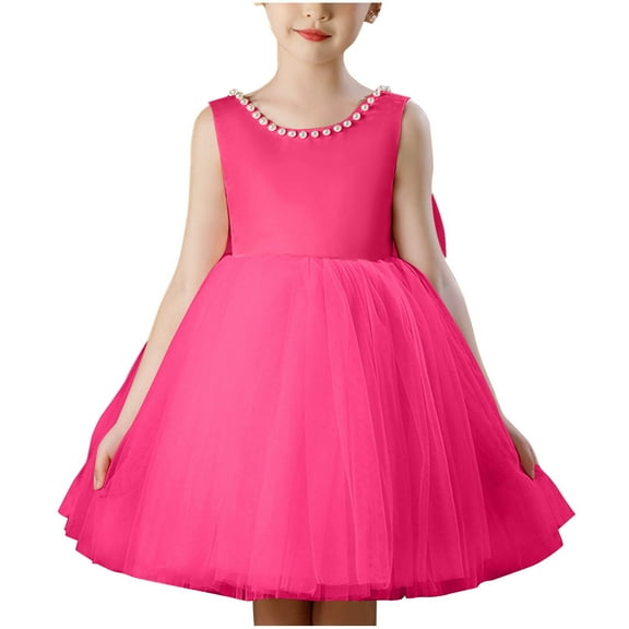 SERTG Girls Sleeveless Round Neck Dress Solid Color Flower Skirts Kids Girl Wedding Party Formal Gown Dress(Hot Pink,11-12 Years)