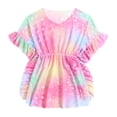 thumbnail image 1 of SERTG Girls Smock Mesh Sun Protection Rainbow Star Print Short Sleeve Ruffled Lightweight Suit Kids Beach Dress Summer Pool Beach Water Activities Breathable Swimwear Cover Up(Pink,4 Years), 1 of 6