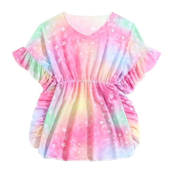 SERTG Girls Smock Mesh Sun Protection Rainbow Star Print Short Sleeve Ruffled Lightweight Suit Kids Beach Dress Summer Pool Beach Water Activities Breathable Swimwear Cover Up(Pink,4 Years)