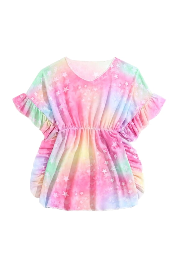Girls Smock Mesh Sun Protection Rainbow Star Print Short Sleeve Ruffled Lightweight Suit Kids Beach Dress Summer Pool Beach Water Activities Breathable Swimwear Cover Up(Pink,4 Years)