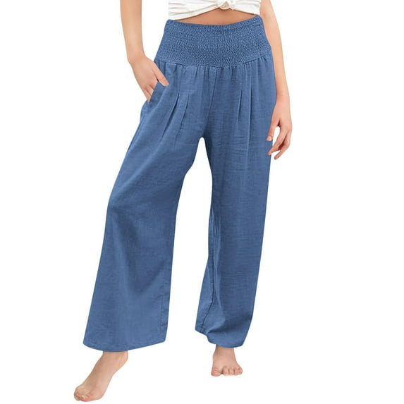 SERTG Girls Solid Color Activewear Pants Casual Smocked High Waist Spring Fall Pant Loose Wide Leg Long Trousers for Kids 4-14 Years(Navy,8 Years)