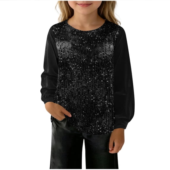 SERTG Girls Solid Color Blouse Shirt Sequin Mesh Round Neck Long Sleeve Party Top Kids Spring Fall Holiday Pullover(Black,5-6 Years)