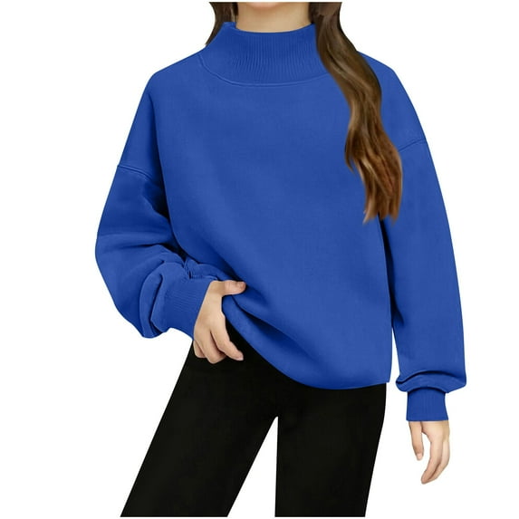 SERTG Girls Solid Color Hoodless Sweatshirt Long Sleeve Spring Fall Warm Fashion Casual Pullover Outfits for Kids(Blue,13 Years)