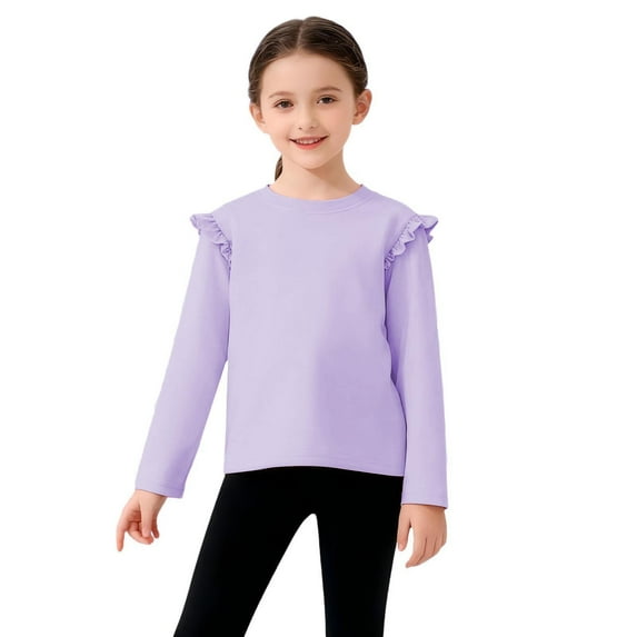 SERTG Girls Solid Color Lace Long Sleeve T-shirt Kids Round Neck Casual Cotton Spring Fall Comfortable Everyday Top(Purple,9-10 Years)